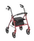 Rock Solid Red Rollator Walker With Cushy Seat And Steel Frame For Smooth Indoor Outside Navigation Heavy Duty Senior Mobility Aid 7.5 Inch Wheels Built Tough All Day Long Ride featuring seat and bag.