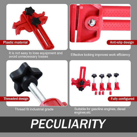 Neferta red nine-piece car camshaft timing tool set with anti-slip locking clips; front, side, and close-up views.