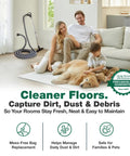 Family relaxing in living room with central vacuum hose, showcasing Six Pack High Efficiency Vacuum Bags For AstroVac Central Vacuum Systems