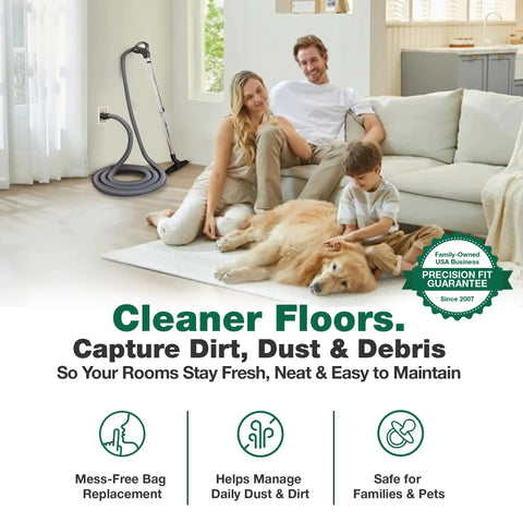 Family relaxing in living room with central vacuum hose, showcasing Six Pack High Efficiency Vacuum Bags For AstroVac Central Vacuum Systems