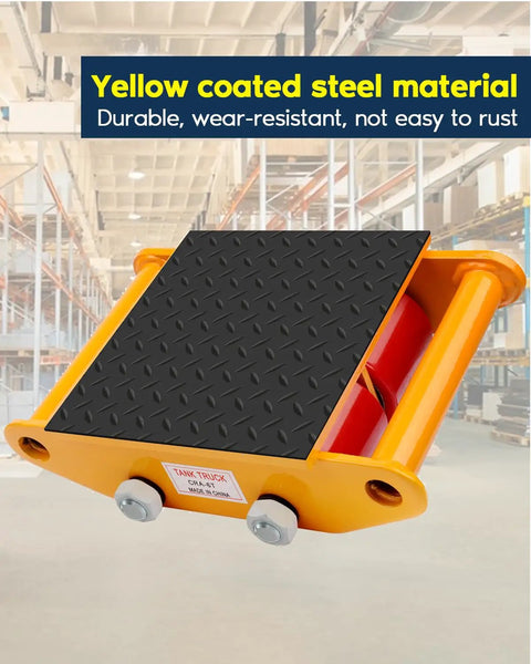 Close-up of Super Heavy Duty Machinery Moving Skates 6 Ton Capacity with yellow coated steel and textured surface.