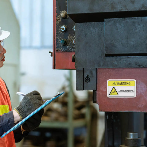 High Visibility PVC Safety Warning Stickers For Machinery And Equipment Self Adhesive Decals in factory setting.