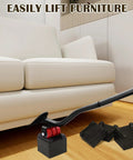 Get Your Heavy Furniture Moving Easy With This Badass 29 Inch Long Furniture Lifter Tool Set featuring extendable metal rods and stacked blocks lifting a couch.
