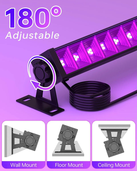 Two Pack 36W Black Light Bar Kit with Plug and Switch 5ft Cord, 180 Degree Beam, UV glow setup for wall, floor, or ceiling mount