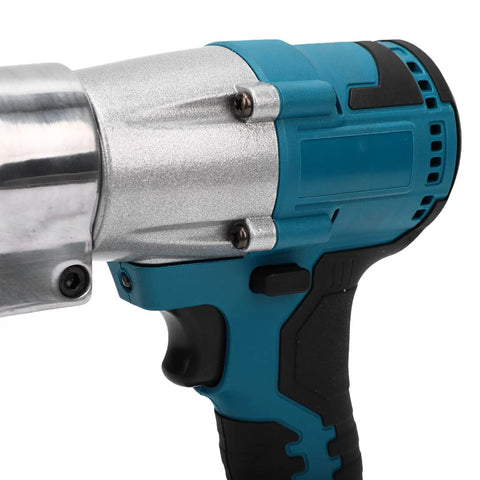 Yunseity Cordless Metal Shear boasts 400Nm Torque For Effortless Steel Cutting close-up view of blue and silver handheld electric cutter.