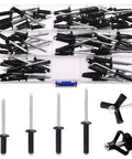 80Pcs Blind Rivet Set Featuring Four Sizes 9/16 3/4 13/16 And 1 Inch Black Large Flange Aluminum Pop Rivets in case