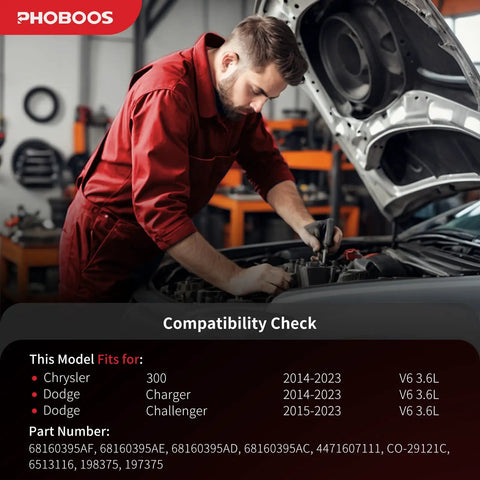Technician working on engine with Premium Air Conditioning Compressor With Rock Solid Clutch Direct Bolt On for Chrysler 300 Dodge Charger Challenger 2014 Through 2023 V6 3.6 Liter.