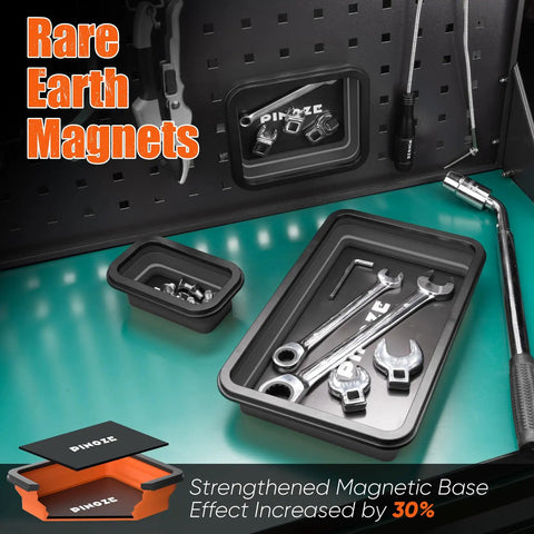 Collapsible Magnetic Parts Tray Organizer Set With 12 Inch Flexible Magnetic Pickup Tool showing rare earth magnets holding tools