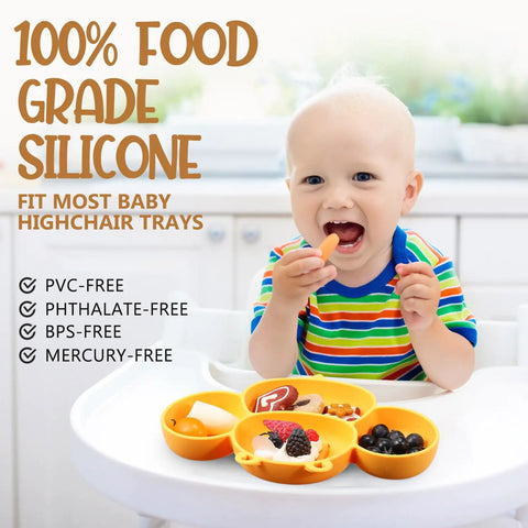 Hecka Adorable 4 Piece Silicone Toddler Suction Plate Set With Mega Grip Base Divided Animal Dishes For Babies on highchair with food.