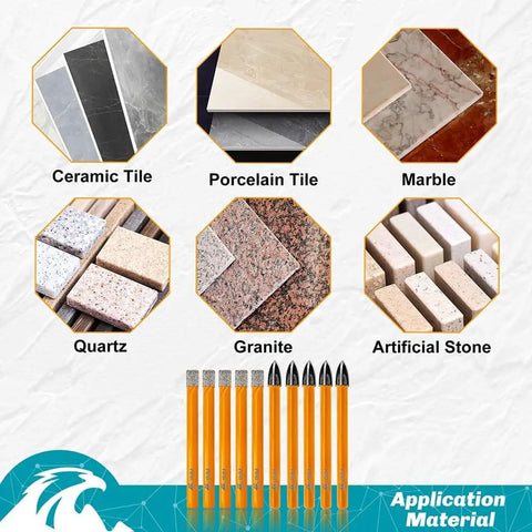 Diamond Drill Bits Kit Must Have For Ceramic Tile And Stone All In One Dry Bits 6mm 8 Pack and Carbide Bits 6mm 2 Pack displayed with materials.