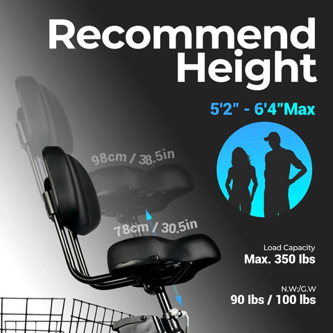 All Terrain Fat Tire Electric Tricycle For Adults With 750W Peak Motor, 36V 13Ah Lithium Battery, UL Certified, 15 MPH Top Speed, 3 Wheel Foldable E Bike, 20x4 Fat Tires, 80 Percent Assembled, Black seat with recommended height and load capacity