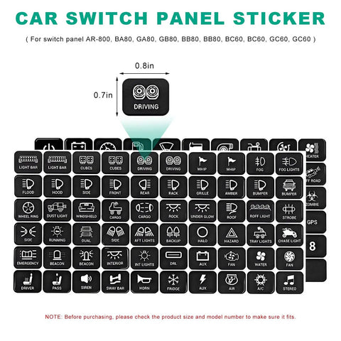 120 Piece Car Switch Panel Sticker Kit With Durable PVC Decals showing various button labels for cars and boats.