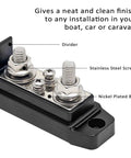 Detailed view of Heavy Duty Power Distribution Block Bus Bar With Four Positive And Four Negative Terminals Plus Insulated Ring Ends.