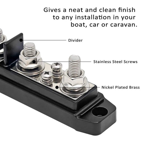 Detailed view of Heavy Duty Power Distribution Block Bus Bar With Four Positive And Four Negative Terminals Plus Insulated Ring Ends.