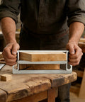 Stainless Steel Tenon Gauge Tool And Mortise Tenon Jig For Precision Woodworking Measuring with wood block in hands.