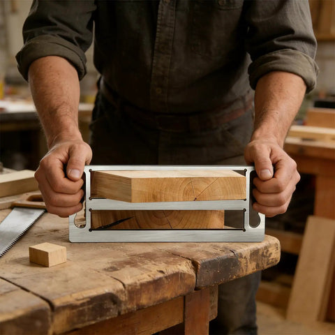 Stainless Steel Tenon Gauge Tool And Mortise Tenon Jig For Precision Woodworking Measuring with wood block in hands.