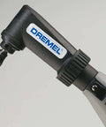Dremel right-angle attachment for rotary tools; black body, knurled chuck, gray grip (side view).