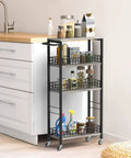 Four Tier Narrow Storage Cart On Wheels With Wood Tabletop, Slide Out Shelves, Compact Kitchen Rolling Cart with items