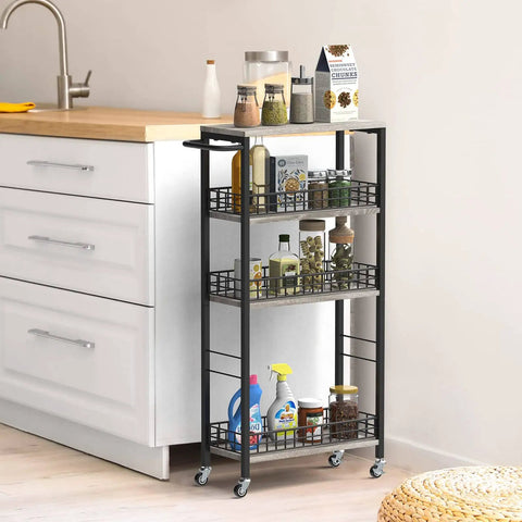 Four Tier Narrow Storage Cart On Wheels With Wood Tabletop, Slide Out Shelves, Compact Kitchen Rolling Cart with items