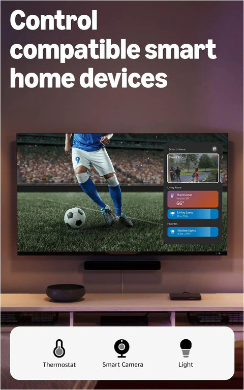 Next Level 4K Streaming Device With AI Powered Search And Wifi 6E Support displayed on a TV controlling smart home devices.