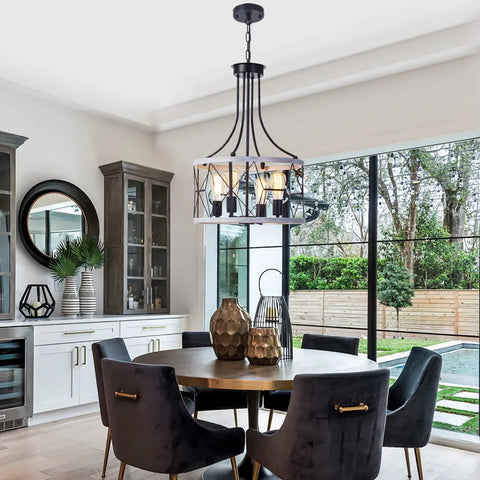 Farmhouse Round Pendant Chandelier 4 Light Cage Ceiling Light 17 Inch Drum Hanging Lamp Fixture Rustic Metal Chandelier