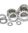 M10 External Tooth Serrated Lock Washer Made From 304 Stainless Steel 50 Pieces stacked showing serrated design