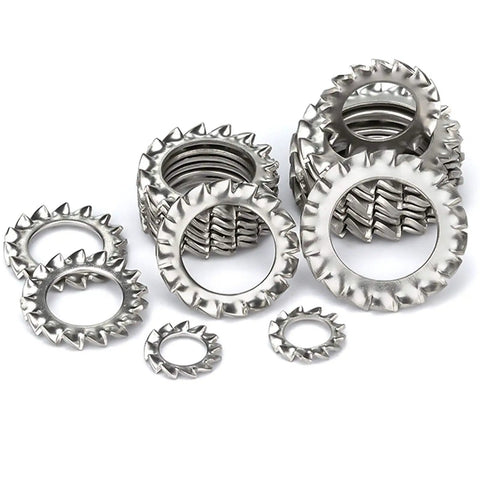 M10 External Tooth Serrated Lock Washer Made From 304 Stainless Steel 50 Pieces stacked showing serrated design