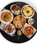 24 Inch Round Electric Food Warmer With Automatic 360 Degree Rotating Turntable Tray And Adjustable Temperature Control perfect for keeping dishes hot with assorted meals.