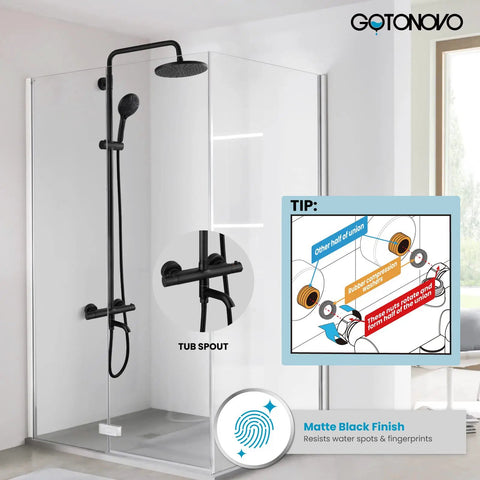 Thermostatic Shower Faucet System With Exposed Plumbing 8 Inch Round Shower Head Wall Mounted 8 Modes ABS Handheld Sprayer