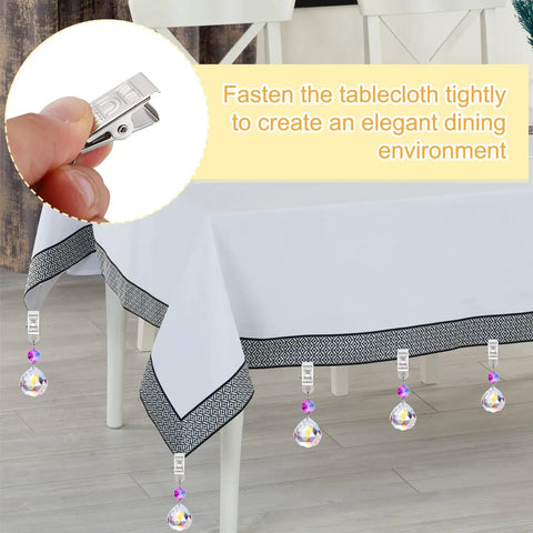 8-Piece Tablecloth Weights With Metal Clips, Crystal Ball Pendant Curtain Weights, 20mm Clear Blue Orbs on table edge