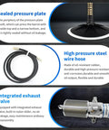 Components of Air Operated 60 To 1 Grease Pump With Dual Grease Gun Couplers: pressure plate, high pressure hose, exhaust valve.