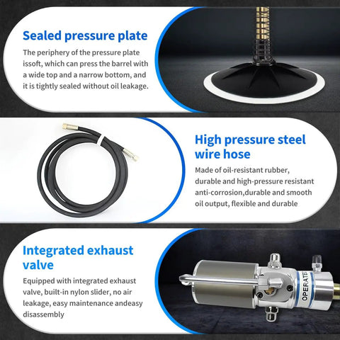 Components of Air Operated 60 To 1 Grease Pump With Dual Grease Gun Couplers: pressure plate, high pressure hose, exhaust valve.