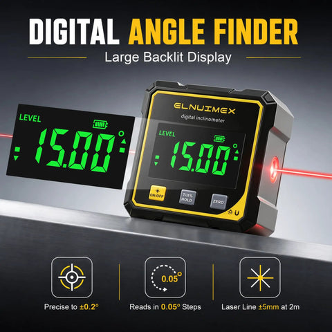 Tough Magnetic Digital Angle Finder And Laser Inclinometer Gauge with large display showing 15.00° readings.