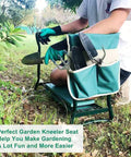 Person using Sturdy Garden Kneeler And Seat With Thick Padded Pad And Tool Pouch, Heavy Duty Foldable Steel Stool in garden.