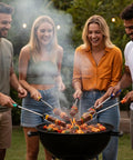 Group using Must Have Eight Piece Campfire Gear Set With Six 34 Inch Smores Sticks A 32 Inch Campfire Poker A 25 Inch Fireplace Tong And A Hot Dog Fork For Safe Backyard Fire Pit Cooking And Grilling at a barbecue