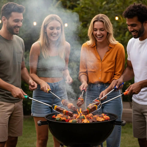 Group using Must Have Eight Piece Campfire Gear Set With Six 34 Inch Smores Sticks A 32 Inch Campfire Poker A 25 Inch Fireplace Tong And A Hot Dog Fork For Safe Backyard Fire Pit Cooking And Grilling at a barbecue