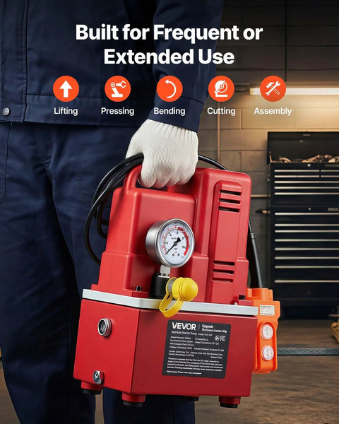 Person holding Electric Hydraulic Pump Power Pack 750W 10000 PSI 120V with Solenoid Valve 0.53 Gal Reservoir in a workshop