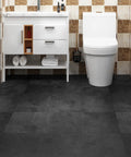 Retro Peel And Stick Floor Tiles 16 Pack 12x12 Inch Vinyl Concrete Gray Waterproof Floor Tiles in modern bathroom setting