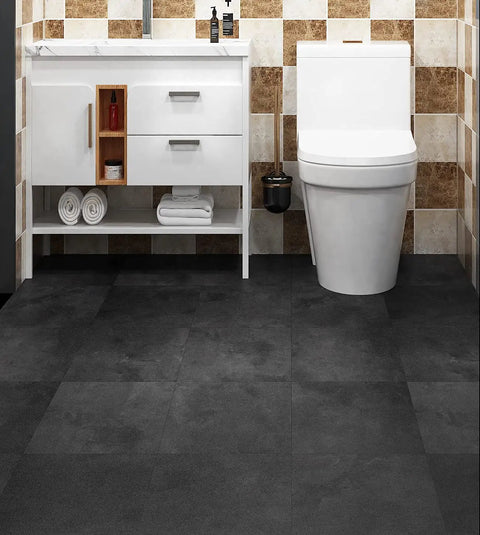 Retro Peel And Stick Floor Tiles 16 Pack 12x12 Inch Vinyl Concrete Gray Waterproof Floor Tiles in modern bathroom setting