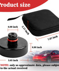 Tesla jack pad puck, round black rubber lifting point with red ring, angled view beside a black carrying case