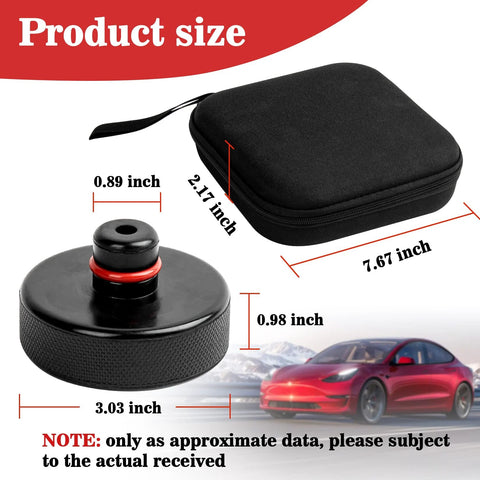 Tesla jack pad puck, round black rubber lifting point with red ring, angled view beside a black carrying case