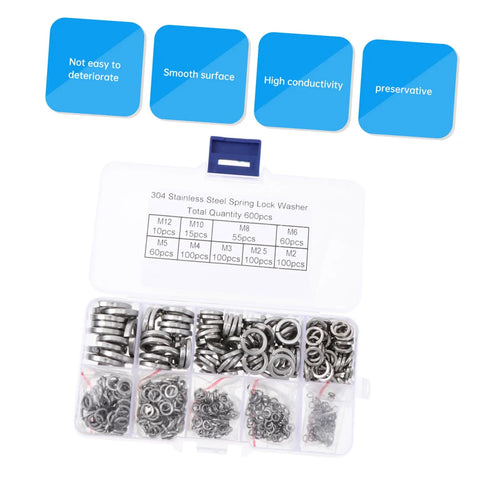 600 Piece Stainless Steel Spring Washers Kit Split Lock Gaskets For Vibration Dampening And Anti Loosening Hardware Assortment Perfect For Cars Trucks Buses Machinery And Marine Equipment In Tough Vibration Environments. 304 stainless steel assortment box