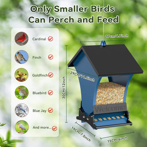 Squirrel Proof Bird Feeder For Outdoors, 5 Pound Metal Hanging Feeder With Two Ports For Cardinals And Chickadees, Durable Backyard Wild Bird Feeder With Clear Polycarbonate Panels In Blue, showing feeding dimensions and bird types