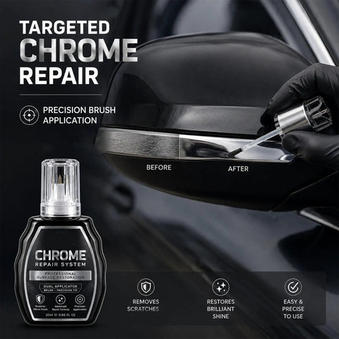 Professional Chrome Repair Pen Nails That Slick Mirror Finish Which Takes Care Of Chips Scuffs And Scratches On Bathroom Fixtures And Metal Hardware For A Legit Factory Fresh Gloss applied to metal trim on a car with a precision brush.