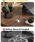 Before and after comparison showing disorganized and tidy cable management using 6 Pack White Cable Clips For Desk Nightstand And Car, Easy Cord Management Holders And Wire Organizers For Chargers Cables Earbuds USB Cables And More.