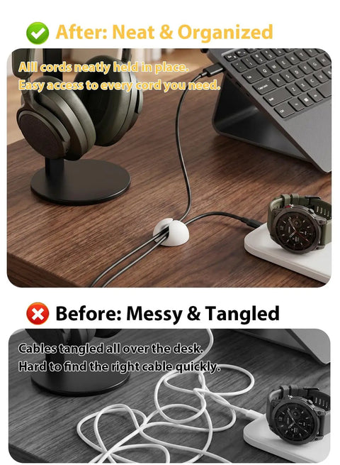 Before and after comparison showing disorganized and tidy cable management using 6 Pack White Cable Clips For Desk Nightstand And Car, Easy Cord Management Holders And Wire Organizers For Chargers Cables Earbuds USB Cables And More.