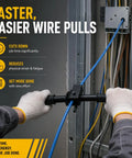 Heavy Duty Manual Wire Tugger Fishing Tool For Electricians To Pull Mule Tape, Fish Tape, And Ropes With Easy Grip Ergonomic Design and Secure Clamping Power, shown in use with blue wire.
