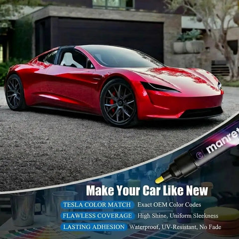 Red sports car with waterproof magic pen for scratches and rock chips, exact color match car paint touch up pen, seamless pro look