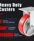 Industrial Casters Set Of 4 With Brakes, 6 Inch Swivel And 2 Rigid Wheels, showcasing one caster with red polyurethane tread.