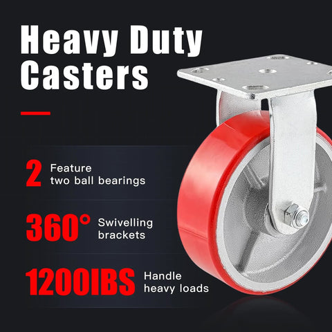 Industrial Casters Set Of 4 With Brakes, 6 Inch Swivel And 2 Rigid Wheels, showcasing one caster with red polyurethane tread.